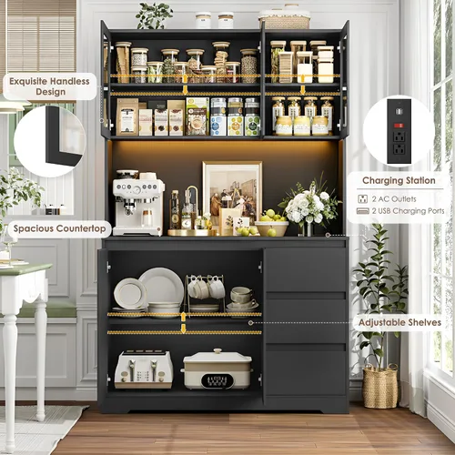 Miniatura 5 de finetones Armario de despensa de cocina de 71" con luces LED y estación de carga, gabinetes de cocina modernos armario alacena con almacenamiento
