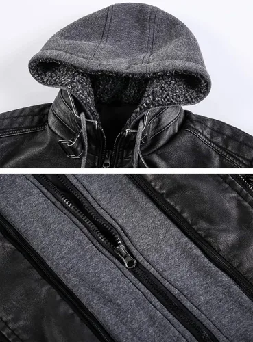 Miniatura 4 de MANSDOUR Chaqueta de piel sintética para hombre, color negro cálido, chaqueta bomber para motocicleta con capucha extraíble