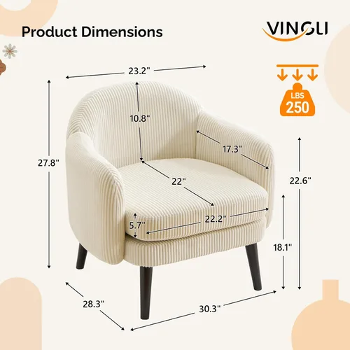 Miniatura 2 de VINGLI Sillón de Acento Moderno Tipo Barril de 30.3" de Ancho con Reposabrazos Track, Patas de Madera Sólida, Cómoda Silla Club Tapizada, Sofá
