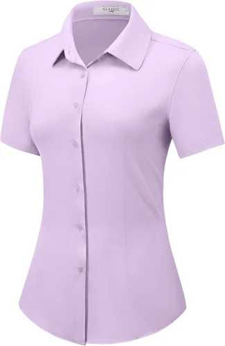 Miniatura 9 de Camisas con botones para mujer, de manga corta, elásticas, sin arrugas, para negocios, casual, oficina, blusa de trabajo