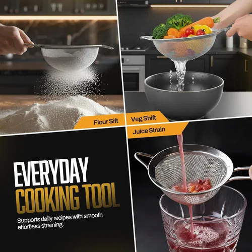 Miniatura 4 de ELEEN Coladores de Malla Fina de Acero Inoxidable Premium para Cocina, Juego de 3 Piezas con Mango Antideslizante, Tamices Pequeños, Medianos