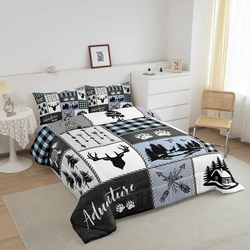 Miniatura 7 de Juego de edredón Deer Bear para niños tamaño completo, juego de ropa de cama rústica de aventura de caza para decoración de habitación de niños