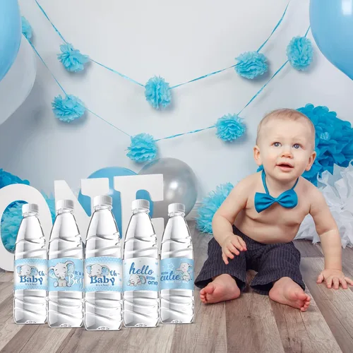 Miniatura 7 de Gersoniel 39 etiquetas para botellas de agua de elefante para baby shower, etiquetas adhesivas impermeables para revelación de género, suministros