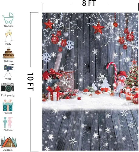 Miniatura 5 de Telón de Fondo Banner de Fotografía de Pared de Madera Navideña de 8X10 Pies, Fondo de Vacaciones de Invierno con Copos de Nieve y Árbol de Navidad