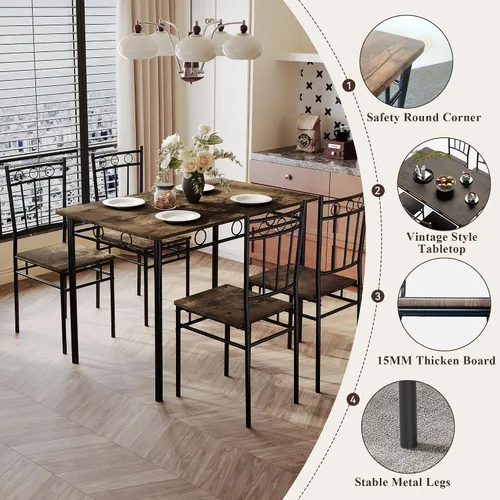 Miniatura 5 de Juego de mesa de comedor de 5 piezas, moderna mesa de cocina de metal y madera con 4 sillas, juegos de mesa de comedor para espacios pequeños