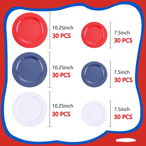 Miniatura 2 de FLOWERCAT 180 platos del 4 de julio para el Día de la Independencia – Las decoraciones incluyen 60 platos azules, 60 platos blancos y 60 platos rojos