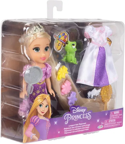 Miniatura 8 de Disney Princess Rapunzel Doll Muñeca Rapunzel de pelo largo Petite con Pascal, en moda de vestir púrpura y blanco