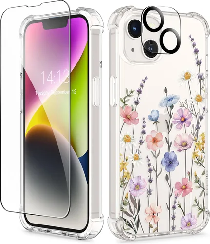 Miniatura 79 de GVIEWIN - Funda floral para iPhone 14 de 6.1 pulgadas, protector de pantalla + protector de lente de cámara, no se amarillenta, a prueba de golpes