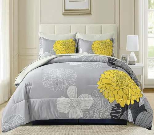 Miniatura 2 de Yiran - Juego de edredón de 7 piezas en una bolsa, edredón floral amarillo con flores, ropa de cama de microfibra suave, tamaño King