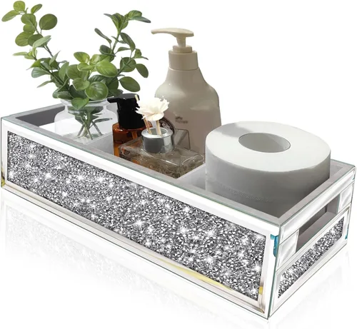 Miniatura 7 de Wocred Cesta de baño para inodoro, bandeja de baño con espejo de diamante triturado montado en la pared, organizador de almacenamiento plateado que
