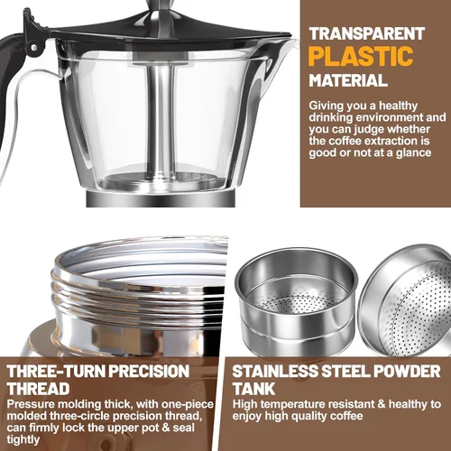 Miniatura 6 de Olla de plástico transparente de 6 tazas de acero inoxidable sin recubrimiento, cafetera italiana, cafetera moca greca, cafetera clásica