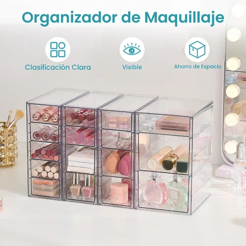 Miniatura 5 de Vtopmart Juego de 4 organizadores de escritorio transparentes, organizador de bolígrafos con 16 cajones, organización de escritorio de acrílico