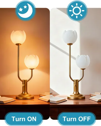Miniatura 6 de Lightdot Lámpara de Mesa de Flores Doradas para Dormitorio, 2 Cabezas Florales 3000K Luz Blanca Cálida Regulable Lámparas de Mesita de Noche