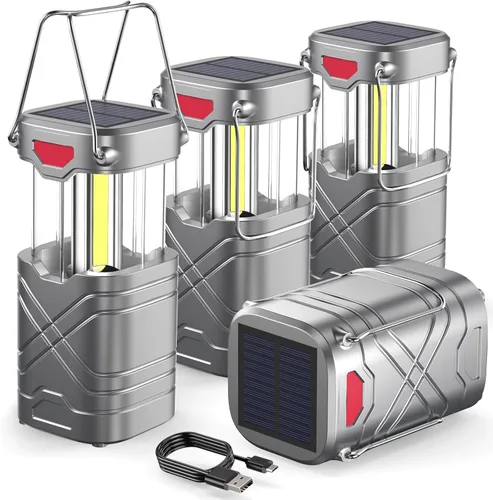 LETMY Paquete de 4 linternas de camping, linternas LED recargables, linternas de huracán alimentadas por batería solar con 3 formas de alimentación