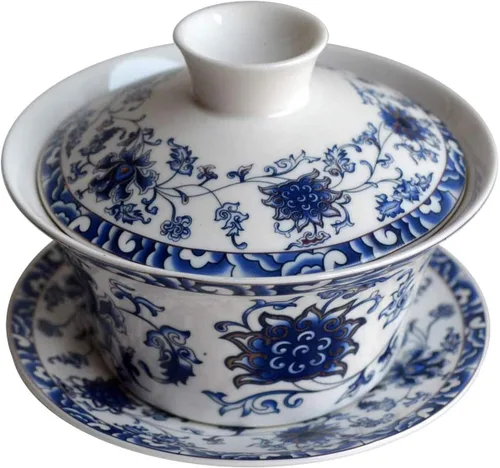 YBK Tech - Taza de té grande de Gaiwan, de porcelana de 10 onzas, con platillo y tapa, Gaiwan tradicional chino, cuenco de té Sancai (1#)