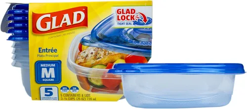 Glad GladWare Entree - Recipientes de almacenamiento de alimentos con tapas, plástico cuadrado mediano sin BPA para preparación de comidas y