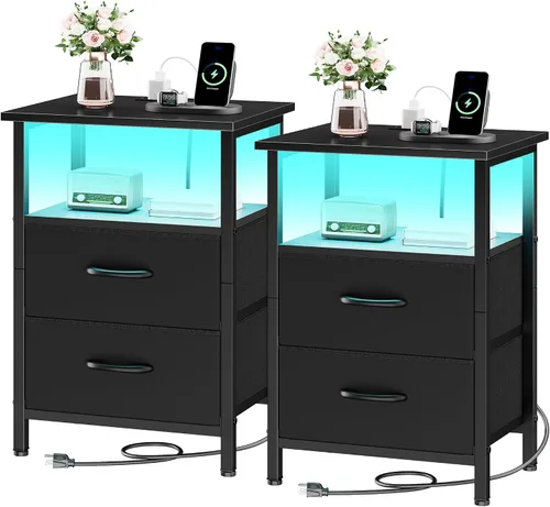Miniatura 10 de Vagusicc Nightstand with Charging Station, End Table Bedside Table with 2 Fabric Drawers, Black Night Stand with USB Ports & Outlets, 24.2" Tall Bed