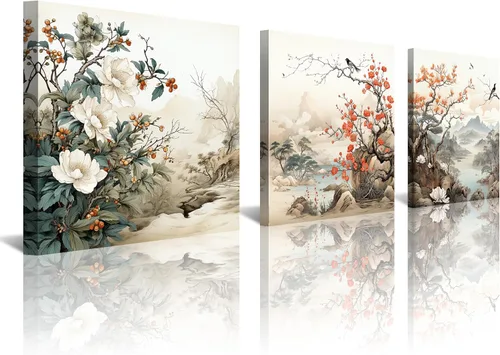Miniatura 25 de Arte de Pared de Acuarela de Estilo Asiático Tradicional Chino Pájaro en Rama de Flor de Cerezo Roja Decoración Paisaje Floral Oriental Pintura