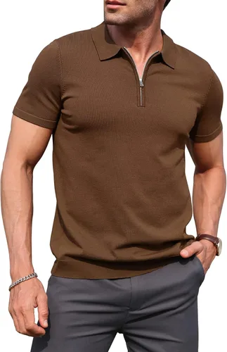 Miniatura 18 de RQP Camisas polo con cremallera para hombre, camisas casuales de punto de manga corta/larga, camisas de golf elásticas ajustadas, suéter suave