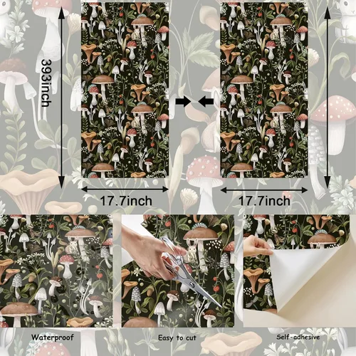 Miniatura 3 de Papel tapiz de hongos para despegar y pegar, color negro, 17.7 x 393 pulgadas, autoadhesivo, extraíble, papel de contacto con hojas y hongos