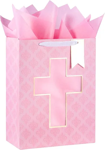 Miniatura 12 de Loveinside Bolsa de regalo azul, bolsa de regalo con diseño de cruz religiosa y puntos con papel de seda, etiqueta para bautismos de bebé, baby