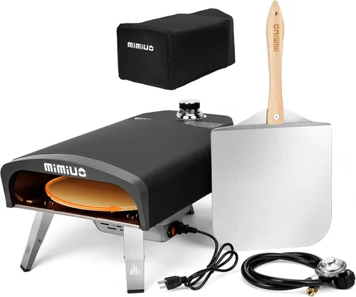 Mimiuo Horno de pizza de gas para exteriores con piedra giratoria automática para pizza, hornos de pizza de propano portátiles de 14 pulgadas para