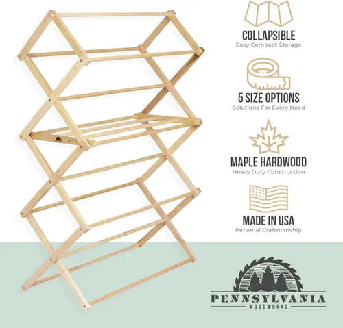Miniatura 7 de Pennsylvania Woodworks Estante de secado de ropa: Estante de madera dura de arce macizo para mantas, toallas, ropa de cama y más, estante de secado