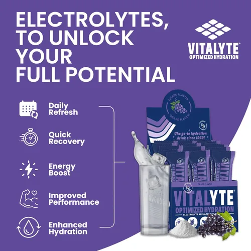 Miniatura 9 de Vitalyte Mezcla de bebida en polvo de electrolitos, 1 bolsa de pie + paquete de 25 unidades, mezcla de bebida en polvo sin gluten (combino, uva)