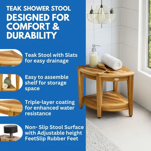 Miniatura 2 de EcoDecors Organizador de esquina de teca para ducha de 18 pulgadas, organizador de almacenamiento de madera impermeable con estante integrado