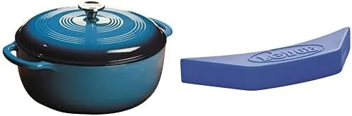 Lodge EC7D33 Horno holandés de hierro fundido esmaltado, 7.5 cuartos de galón, azul caribeño y soporte de mango de silicona ASAHH31, azul