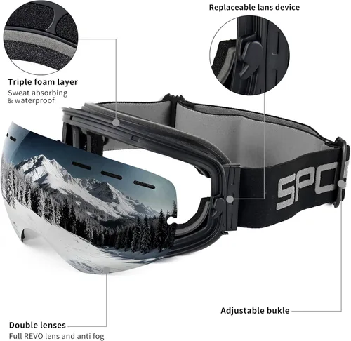 Miniatura 4 de SPOSUNE Gafas de esquí sobre lentes, gafas de nieve para hombres, mujeres, jóvenes, snowboard, esquí, gafas de nieve antivaho UV400 Sg-003-gris