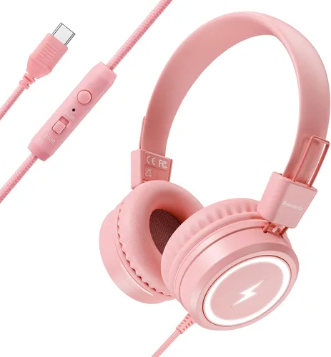 Miniatura 9 de Bywulanda Auriculares para niños con luces LED para la escuela, auriculares USB tipo C para niños con micrófono, limitador de volumen 85/94 dB