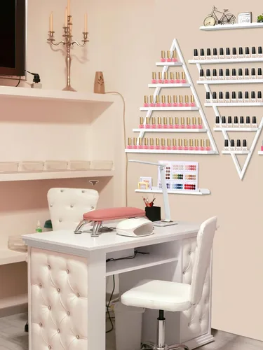 Miniatura 6 de Lorvain - 10 estantes de almacenamiento de esmalte de uñas de metal para montaje en pared, 5 niveles, color blanco, triangular, vitrina