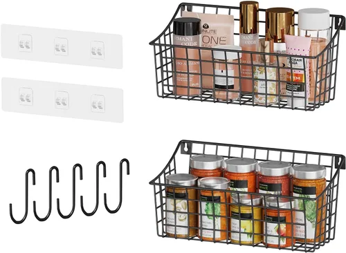 Miniatura 9 de Paquete de 2 cestas colgantes de pared para organizar, cesta grande de alambre de metal con 5 ganchos + 2 ganchos adhesivos largos y fuertes
