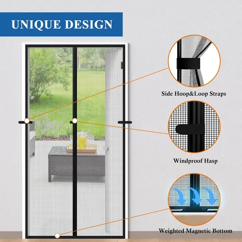 Miniatura 6 de Puerta mosquitera magnética negra, se adapta a puertas de 30'' x 80'', poliéster a prueba de arañazos, mantiene fuera a las criaturas molestas