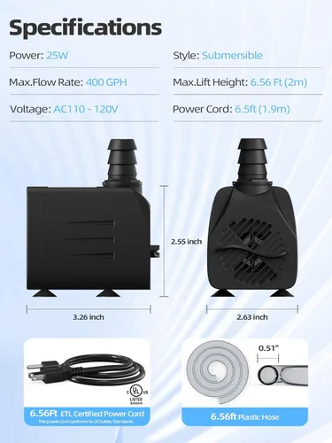 Miniatura 7 de Bomba de agua sumergible de 400 GPH (1500 L/H, 25 W), bomba de fuente de agua ultra silenciosa con elevación de 6.56 pies y manguera de 6.5 pies, 3