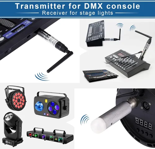 Miniatura 3 de DMX Wireless 4 unidades, 3 receptores recargables y 1 transmisor DMX 512 de 2.4G, versión larga, transmisor inalámbrico DMX para iluminación LED