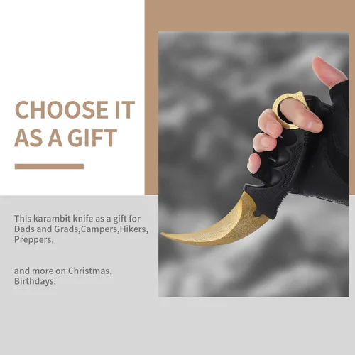 Miniatura 3 de Karambit - Cuchillo táctico de hoja fija, 2 piezas de acero inoxidable para exteriores, cuchillo de caza con funda y cable, adecuado para Dorado