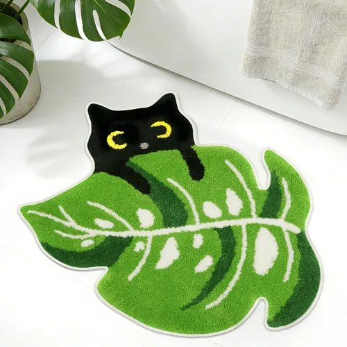 Alfombras de baño con hojas verdes, alfombra Monstera de gato negro, alfombra de baño grande y bonita de 30 x 28 pulgadas, alfombras suaves y