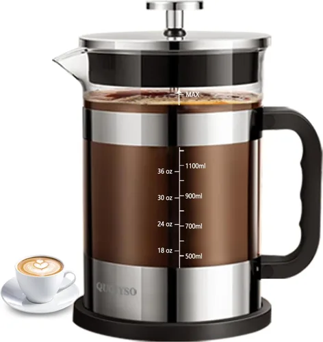 Miniatura 24 de QUQIYSO Cafetera de prensa francesa de acero inoxidable 304 con 4 filtros, resistente al calor, duradera, fácil de limpiar, prensa de café de vidrio