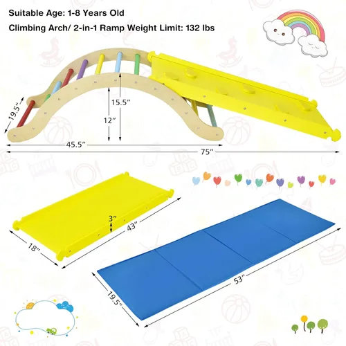 Miniatura 8 de HONEY JOY Arco de escalera de madera para escalar, escalera de escalada para niños 3 en 1 y tabla de columpio con almohadilla acolchada, juego