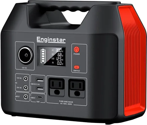 EnginStar Estación de energía portátil de 300 W 296 Wh con salida de CA de onda sinusoidal pura de 110 V para acampar al aire libre, caza y