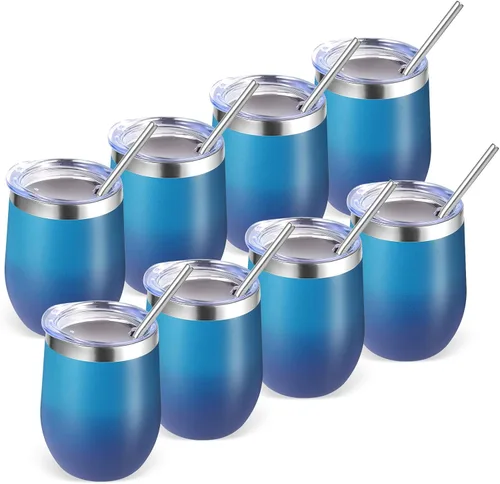 Miniatura 24 de Volhoply - Juego de 12 vasos de vino de 12 onzas con tapa, hechos de acero inoxidable con aislamiento al vacío de doble pared, vasos de vino sin Rosa