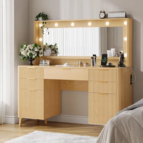 Miniatura 6 de Mesa de tocador estriada para maquillaje con espejo grande de 39.3" y luces, tocador de madera de 48.8", mesa de tocador grande, mesa de tocador