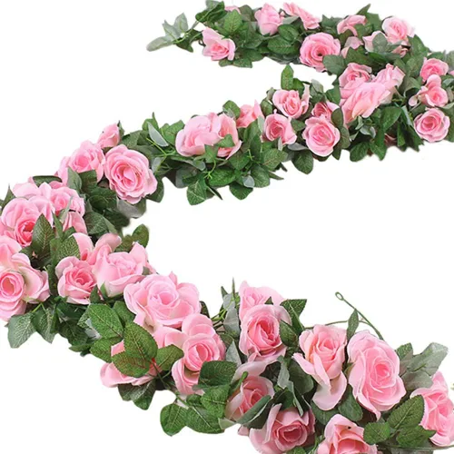 Guirnalda de vid de rosas falsas de 16 pies, plantas artificiales para colgar, hiedra rosa, hogar, hotel, oficina, boda, fiesta, decoración de