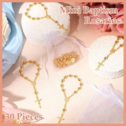 Miniatura 3 de Sasylvia Juego de 60 piezas de recuerdos de bautismo, 30 piezas chapadas, rosario de bautismo, rosarios católicos de dedos y 30 bolsas de organza