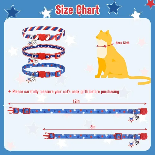 Miniatura 2 de PUPTECK Collares para gatos con campana para el Día de la Independencia con la bandera estadounidense, collar azul para mascotas, paquete de 3