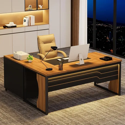 Escritorio ejecutivo para computadora en forma de L con archivador móvil y luz LED, mesa de oficina grande de 63 pulgadas, muebles de negocios con