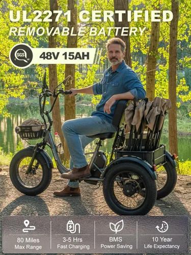 Miniatura 6 de Folding Electric Tricycle for Adults 2 Seater, 20MPH 100 Miles 4" Wide Fat Tire Electric Trike, 3 Wheel Electric Bike 1200W, 48V 20AH Battery