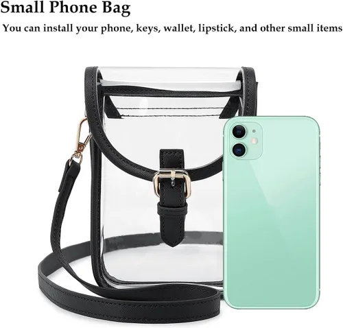 Miniatura 5 de FAIME Pequeña bolsa transparente aprobada para estadios, bolsa cruzada transparente para teléfono celular con correa ajustable para conciertos Negro